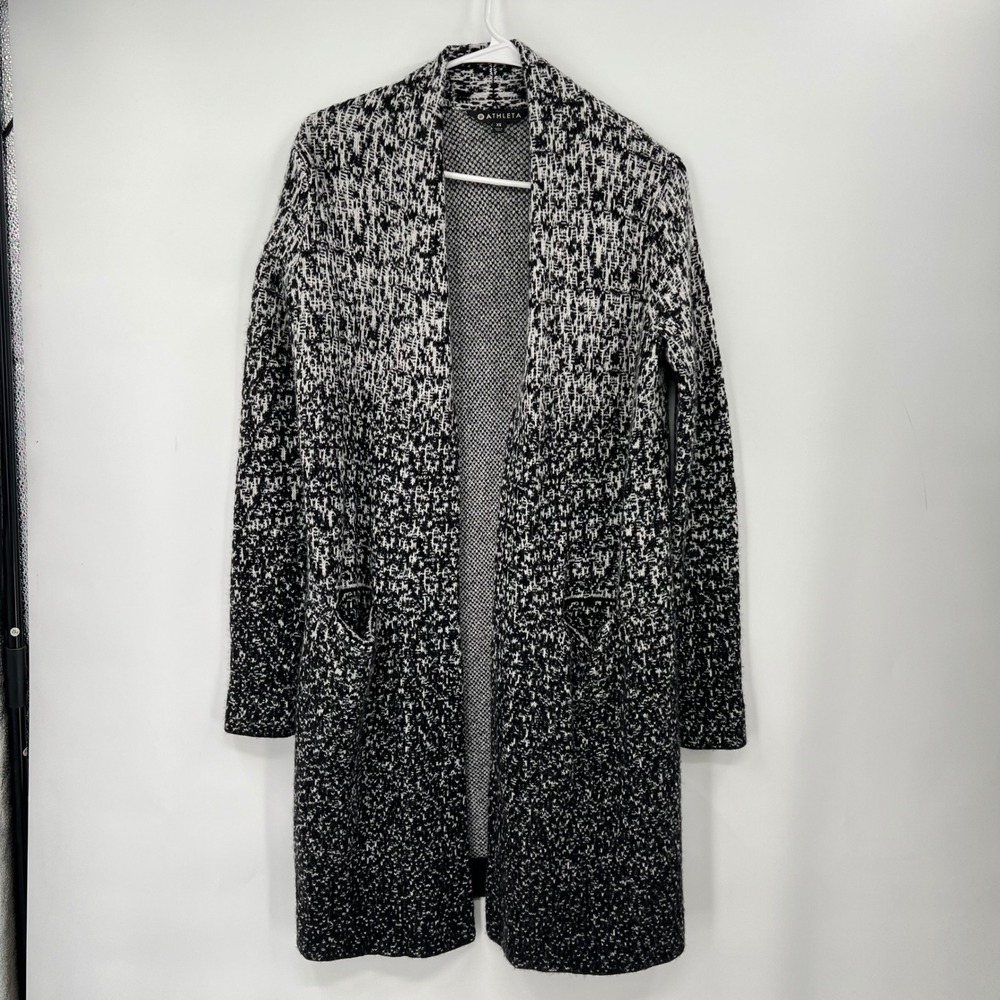 Athleta Women's XS Black White Speckled Knit Open Front Long Cardigan Sweater